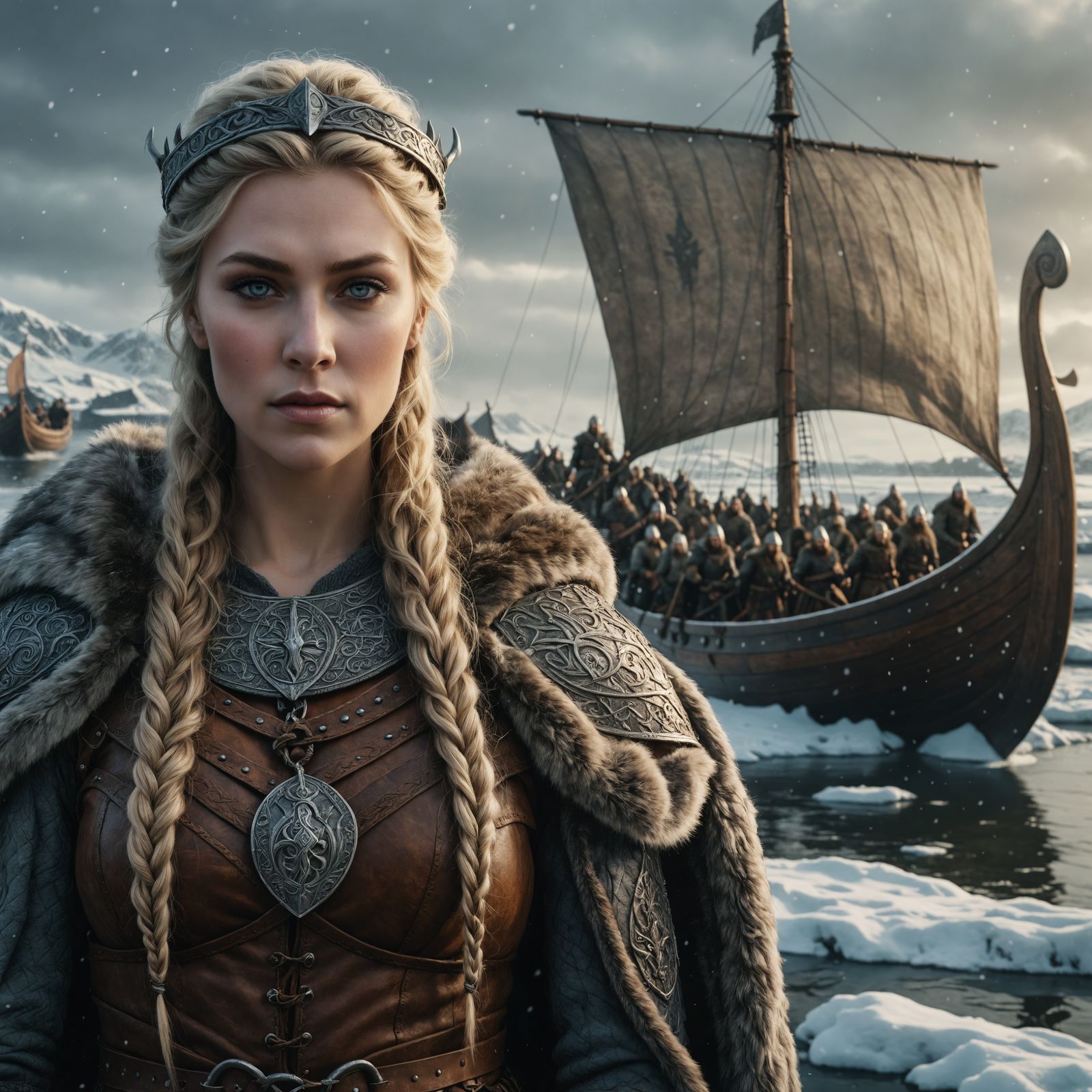 Viking Queen Portrait on Longship in Stormy Seas