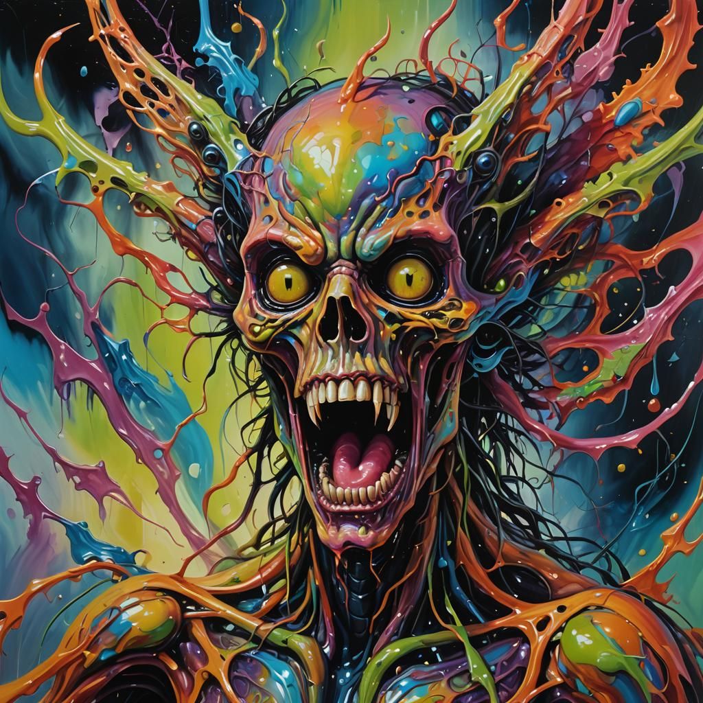 Surreal Melting Alien Portrait in Abstract Oil Painting