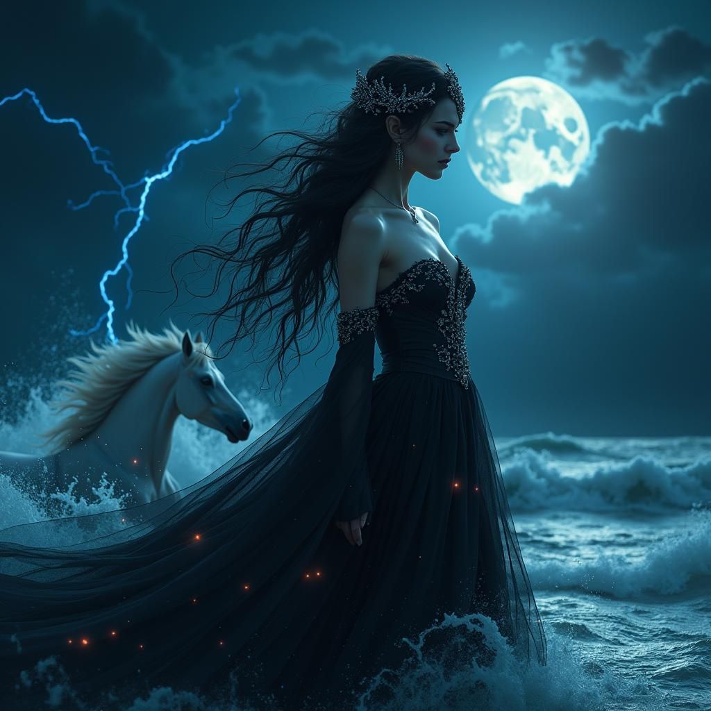 Gothic Goddess Walking on a Turbulent Sea