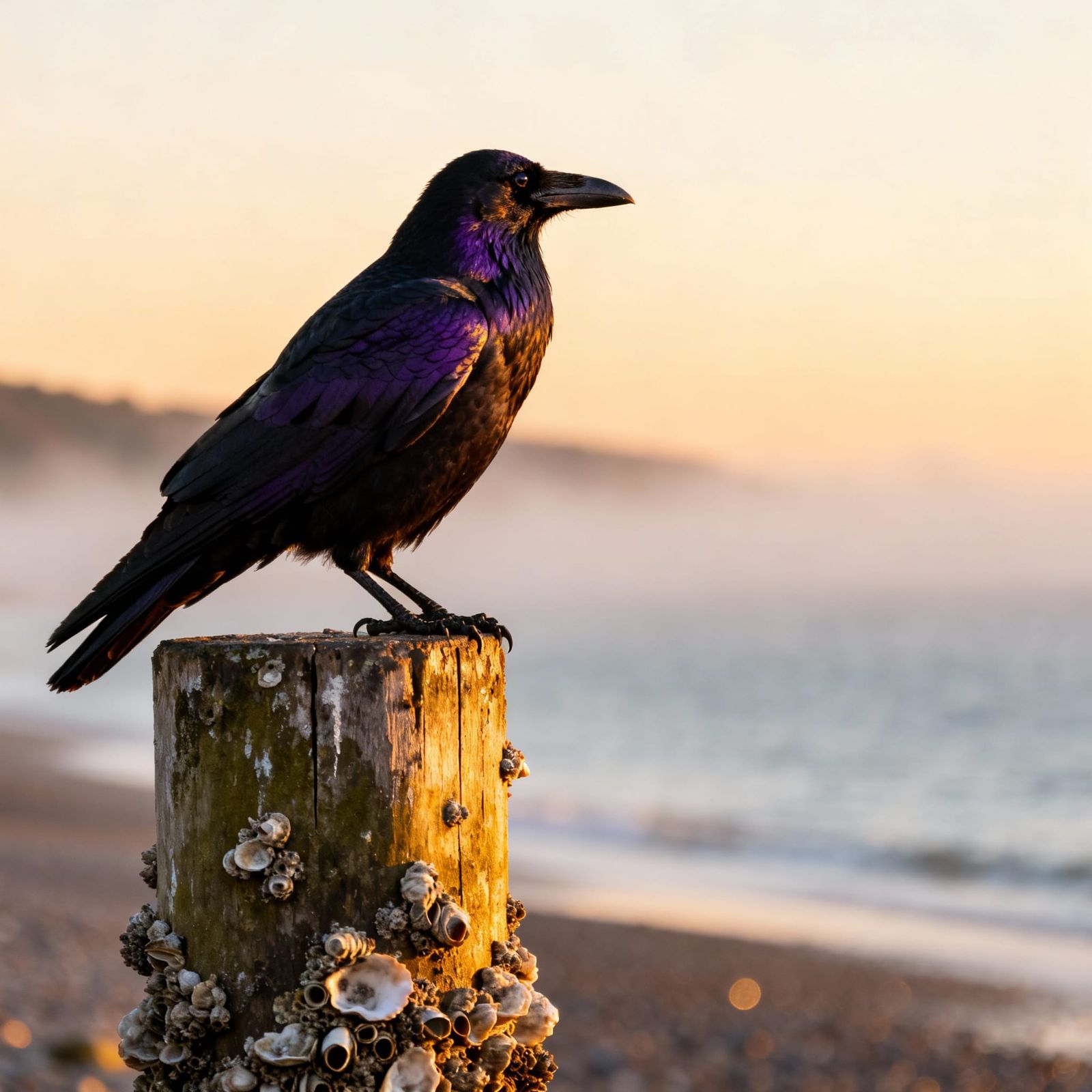 Majestic Crow on Barnacle Post at Serene Dawn Coast