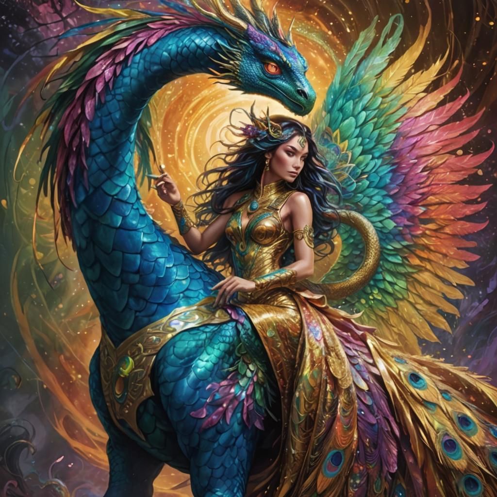 Woman Rides Rainbow Dragon Serpent in Comic Book Art