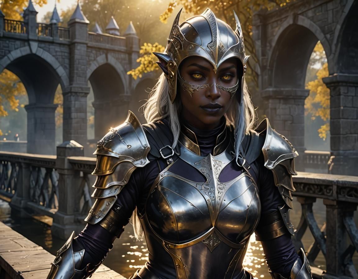 Drow Warrior in Silver Armor on Bridge
