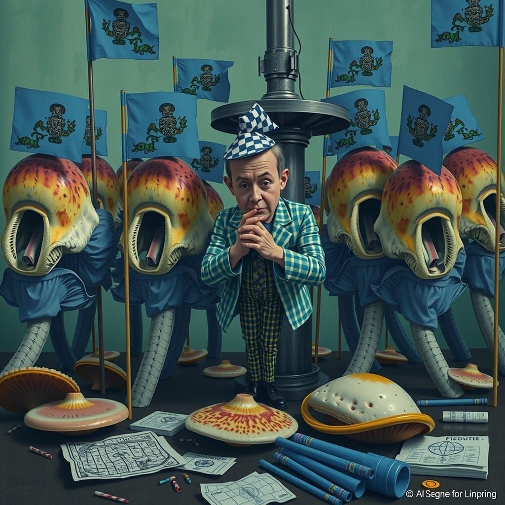 Surreal Mushroom Entrepreneur in a Chewing Gum Cityscape