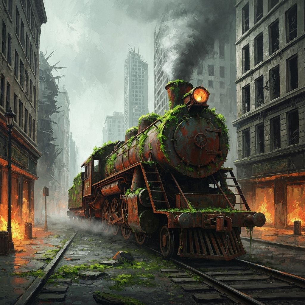 Abandoned Steam Train Overrun by Nature in Ruined City