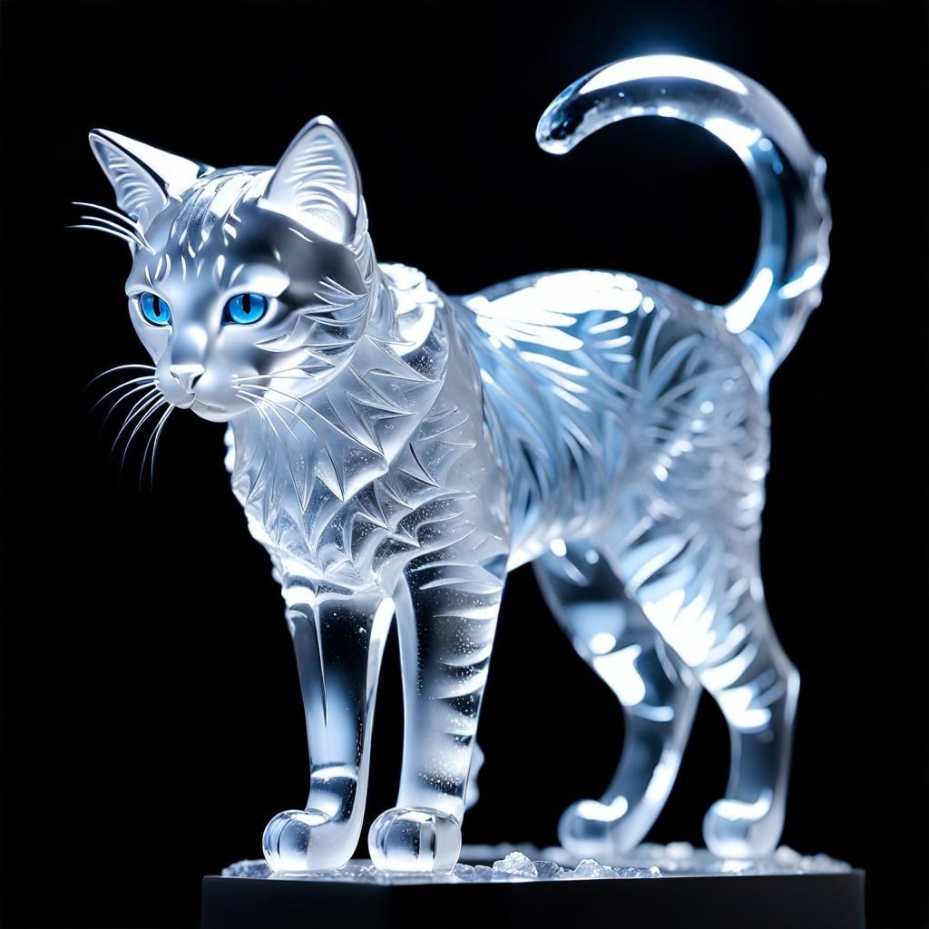 Hyperrealistic Ice Cat Sculpture in Sunlight