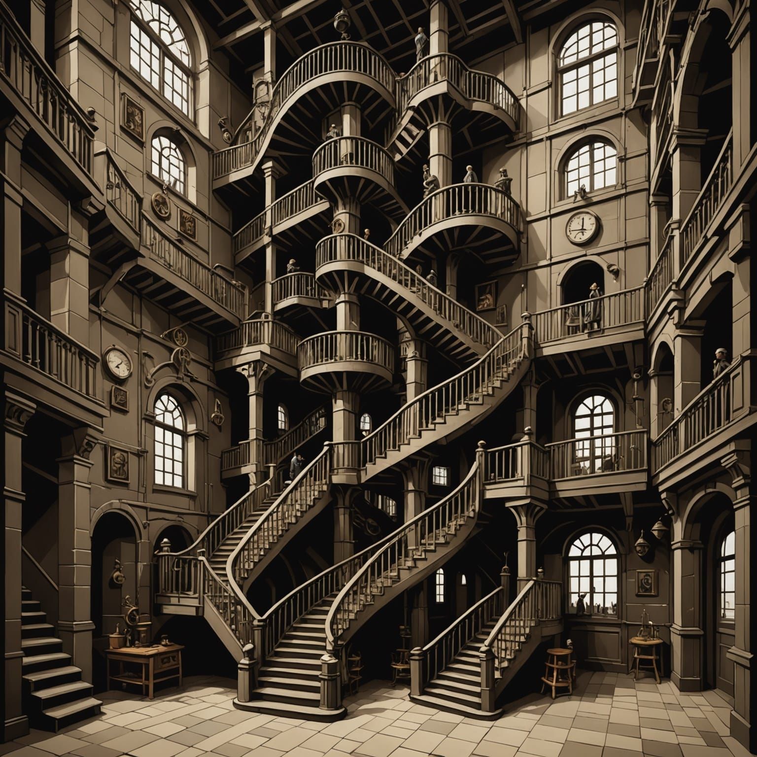 Escher-Inspired Steampunk Staircase Scene
