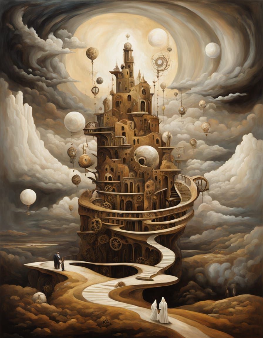 Surreal Escher-esque Structure in Whimsical Landscape