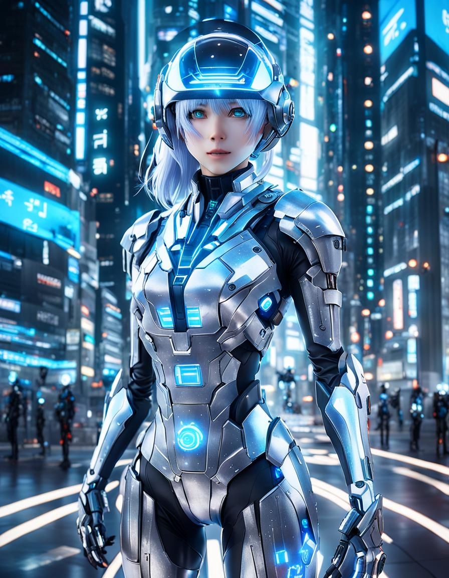 Hologram Woman in Futuristic City, Anime Style