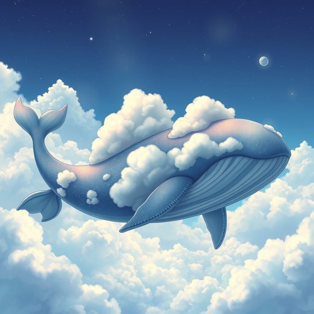 Whale of Clouds with Celestial Tattoos in Dreamy Art Style