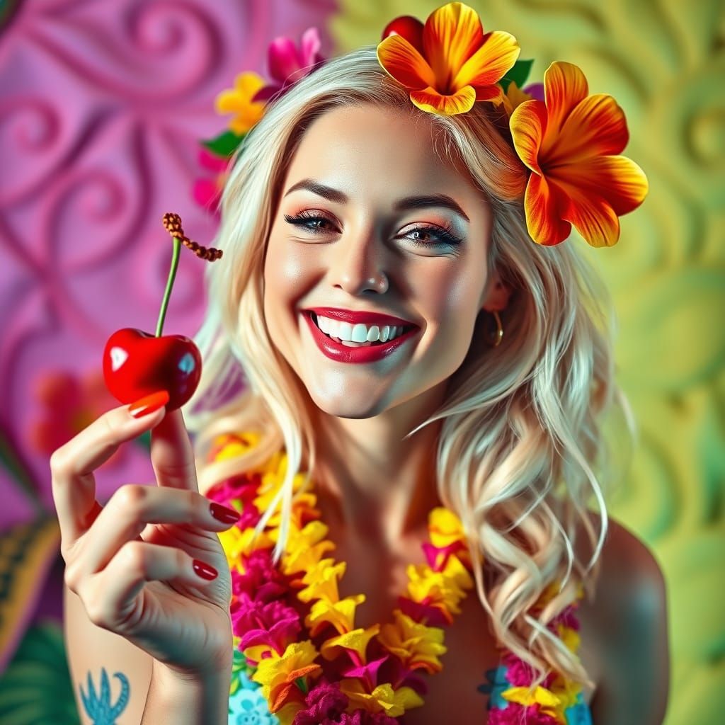 Surreal Hawaiian Goddess in Vibrant Floral Crown