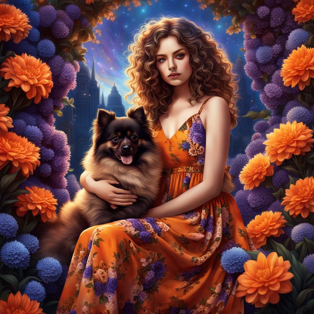 Girl with Pomeranian in Surreal Floral Setting