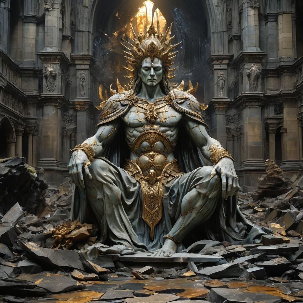 Decayed Cathedral, Shattered Faith and Weeping Deity in Dark...