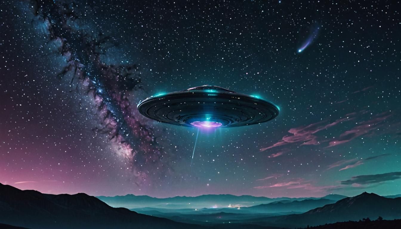Flying Saucer in Nebula Night Sky, Vaporwave Art