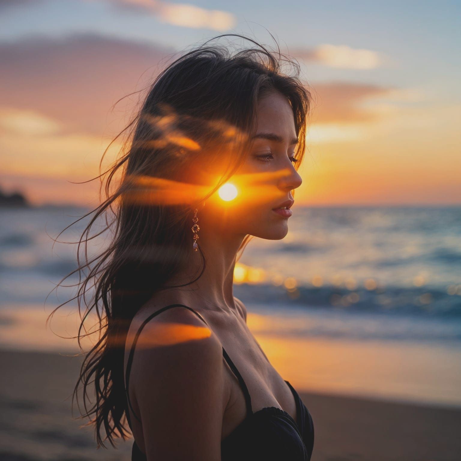 Woman Silhouette Merged With Sunset Beach Double Exposure