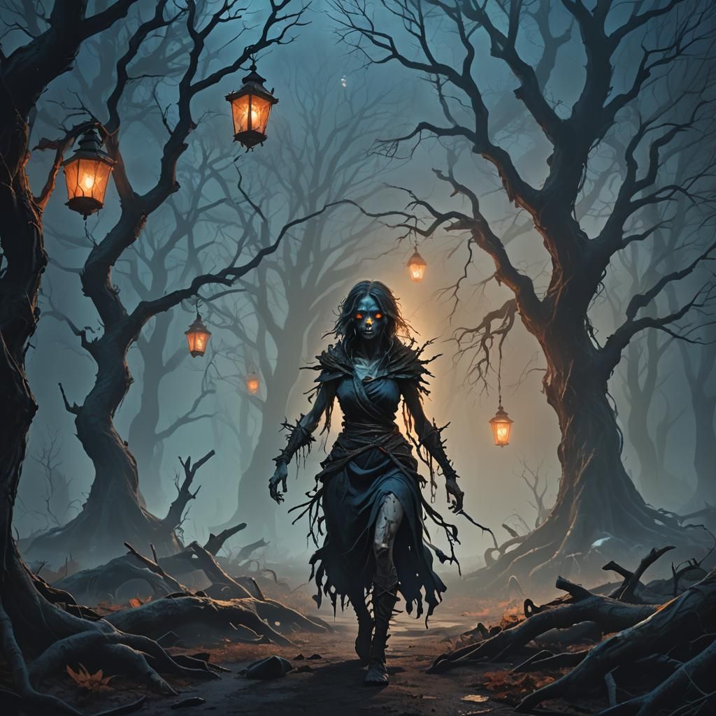 Demonic Zombie in Haunted Woods: Dark Fantasy Art