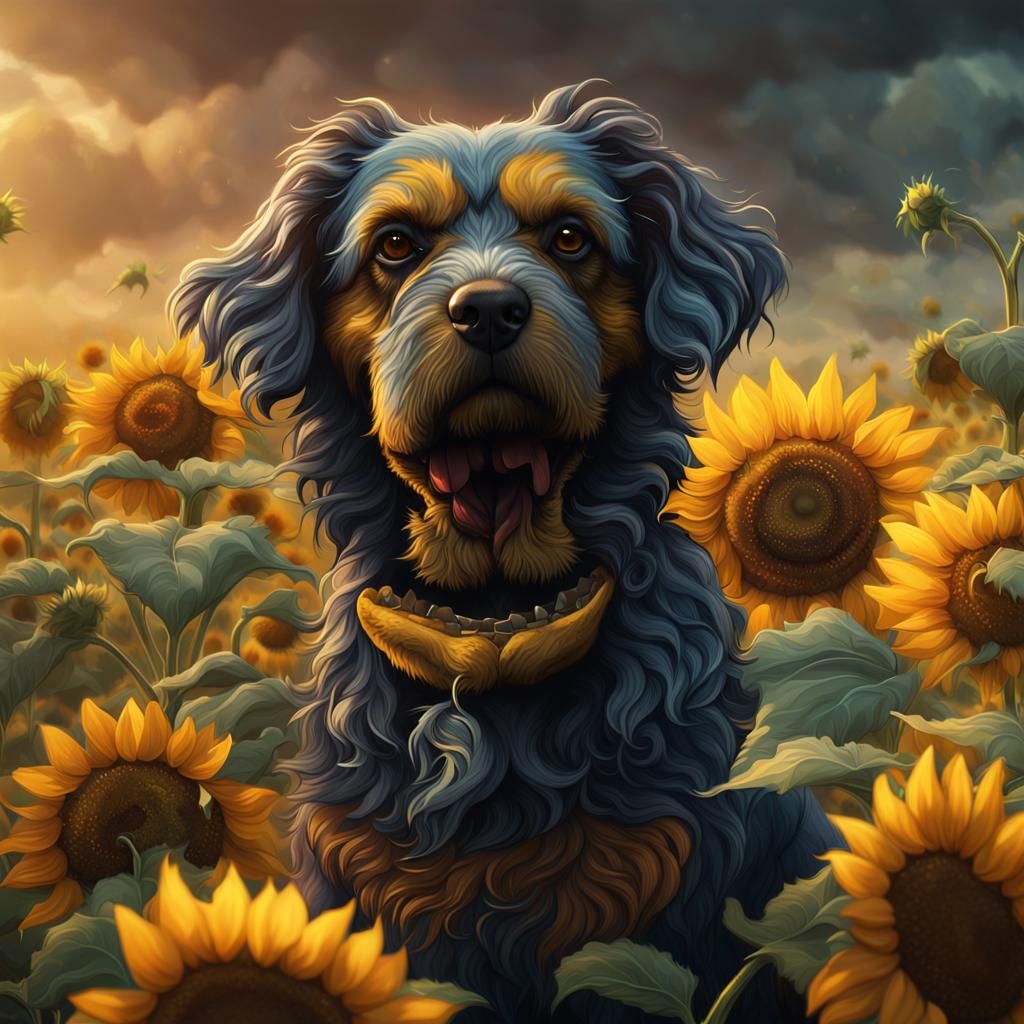 Floppy Dog with Sunflower, Detailed Matte Painting