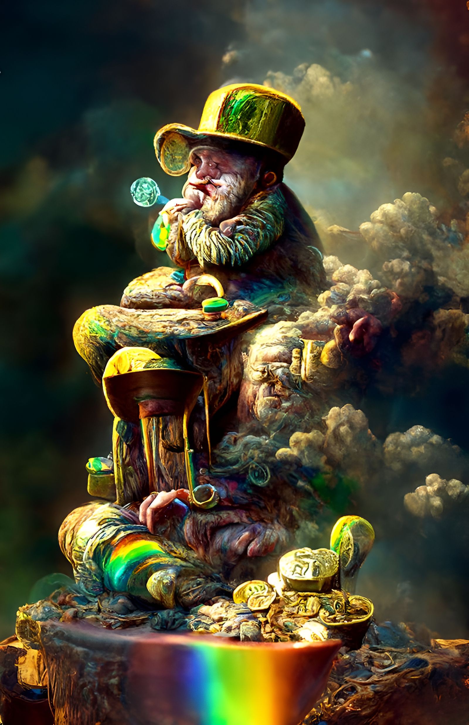 Leprechaun Smoking Pipe on Gold, Hyperrealistic Digital Art