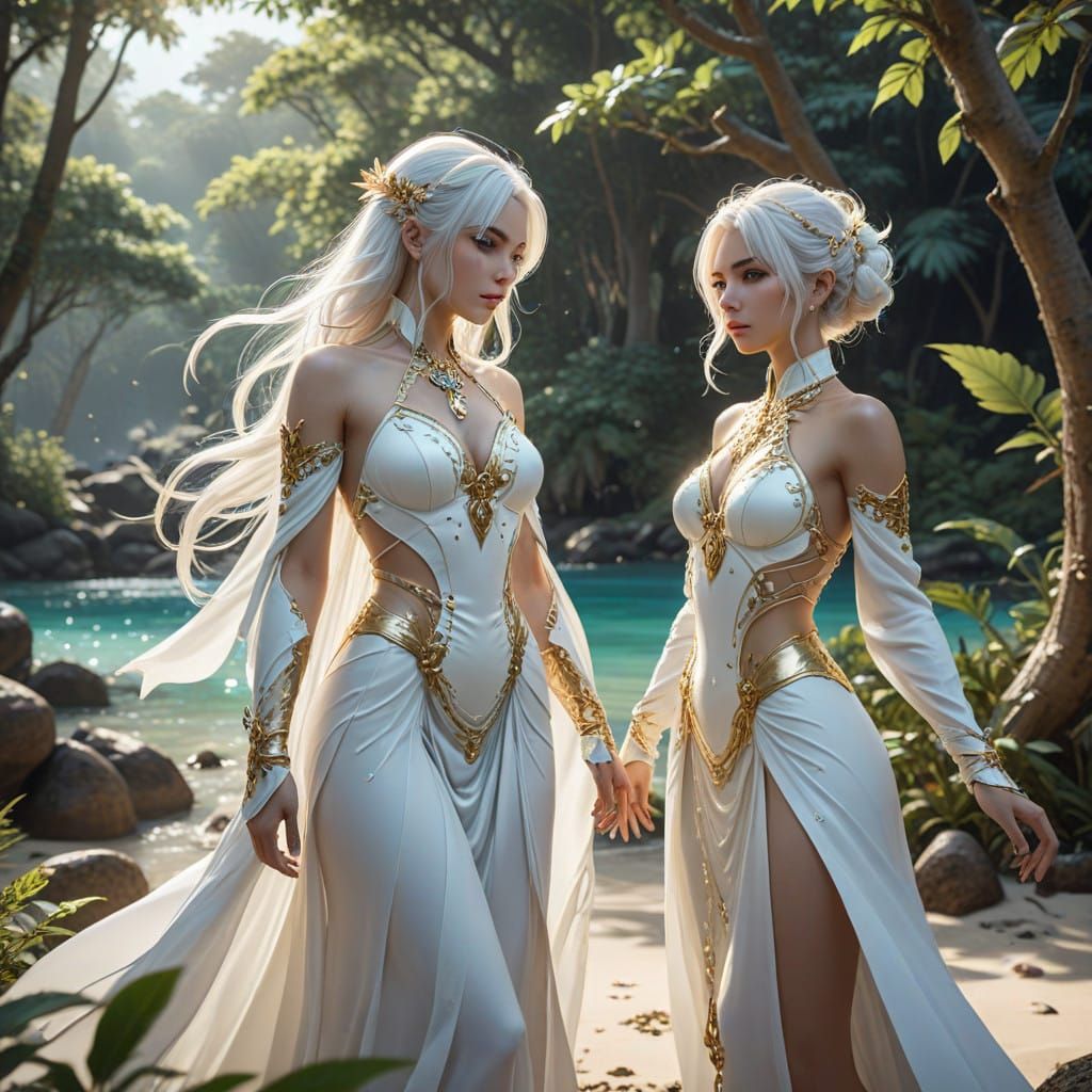 Elegant Women in Lush Forest with Blue Lagoon and Golden San...