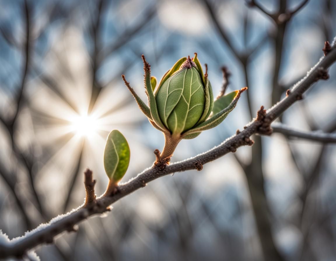 Solitary Bud Sprouts in Winter Sunlight