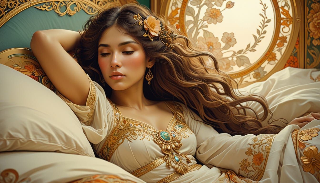 Art Nouveau Portrait of Beautiful Mexican Woman in Bed
