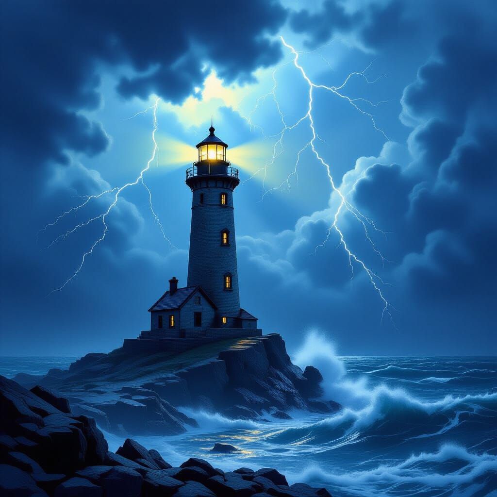 Weathered Lighthouse on Floating Island in Stormy Sky