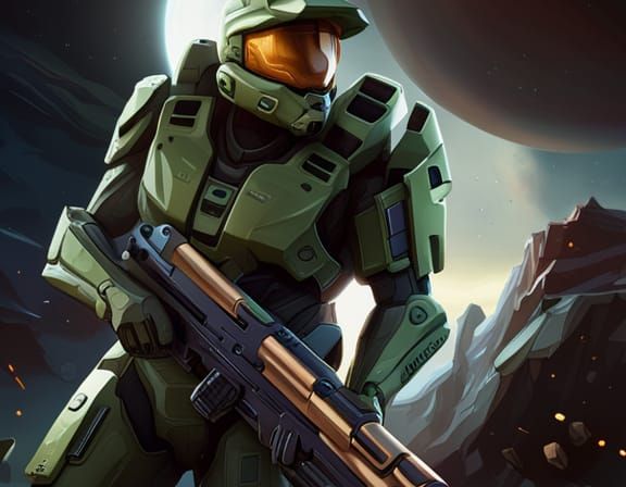 Halo Master Chief with Machine Gun in Space