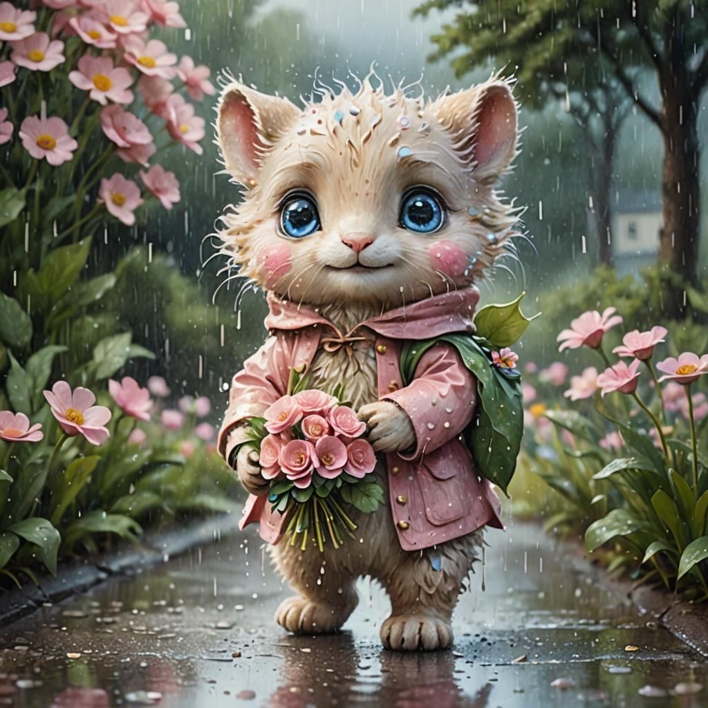 Whimsical Pink Creature in Rainy Fantasy Landscape