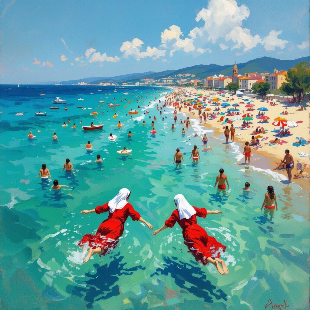 Crowded Beach on Riviera Romagnola, Nuns Dive In