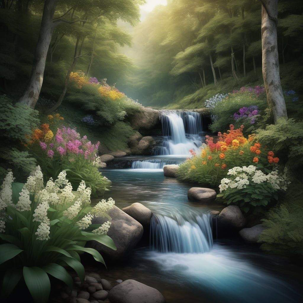Serene Floral Waterfall Scene in Whimsical Style