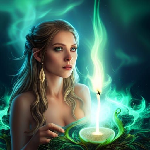 Enchanting Witch Conjuring Green Fire