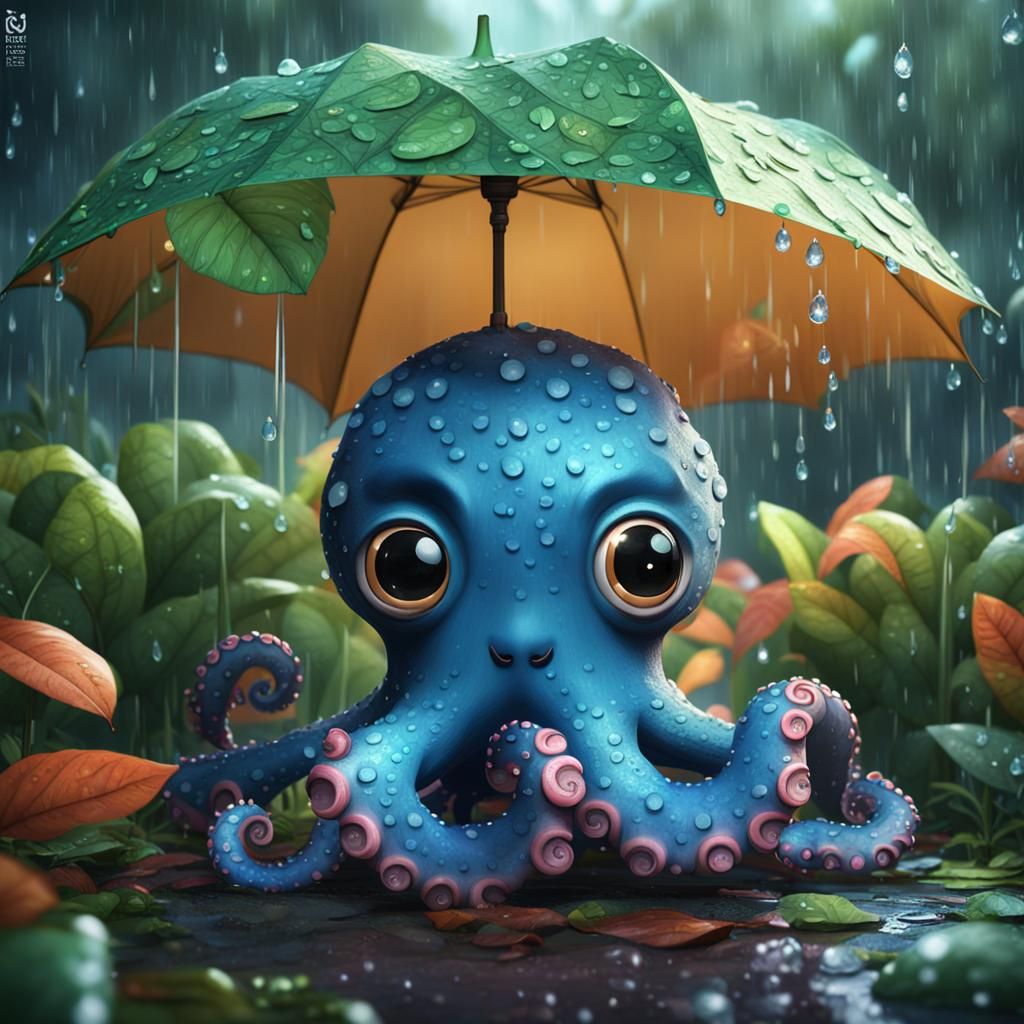 Cute Octopus in Rainy Garden with Leaf Umbrella