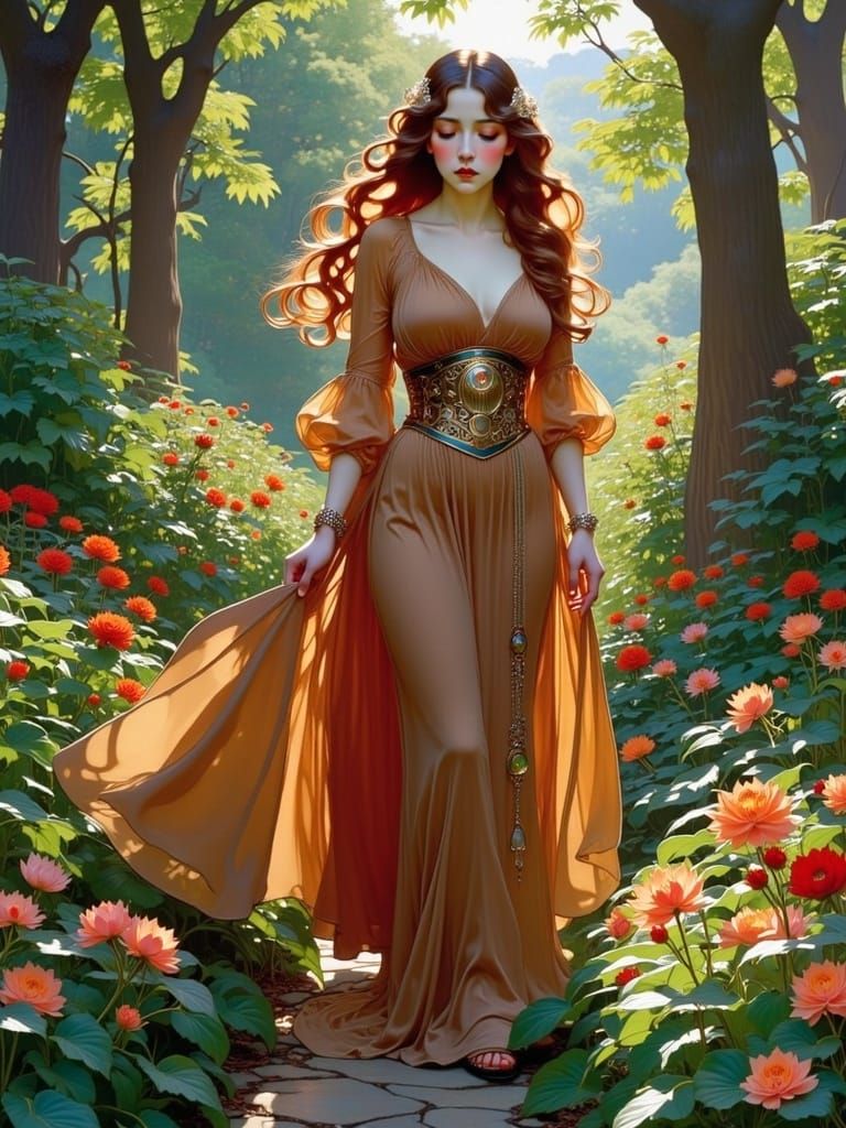 Elegant Edwardian Lady amidst Whimsical Botanical Wonders