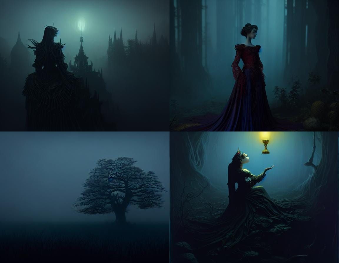 Young woman with raven-black hair and porcelain skin laying serenely in a full-size glass coffin, wearing a intricately ...