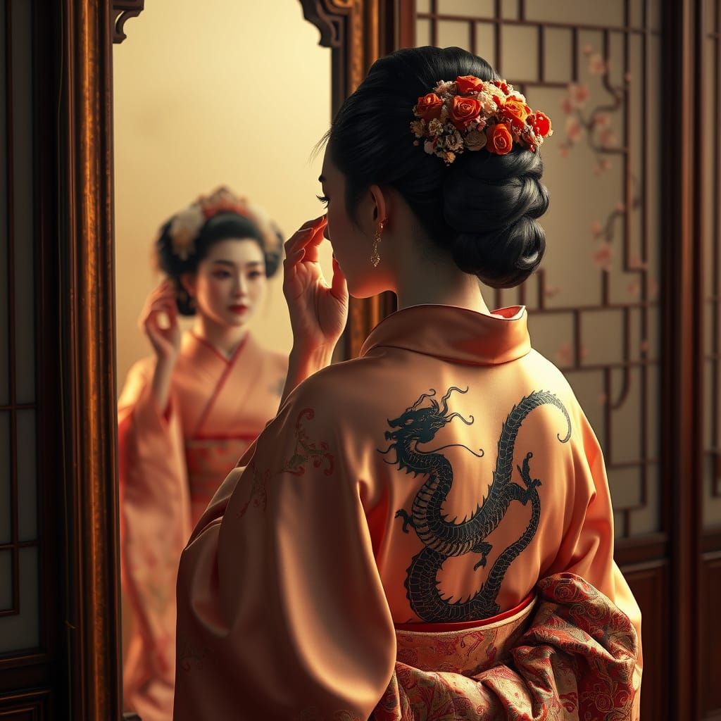 Geisha with Dragon Tattoo in Japanese Room