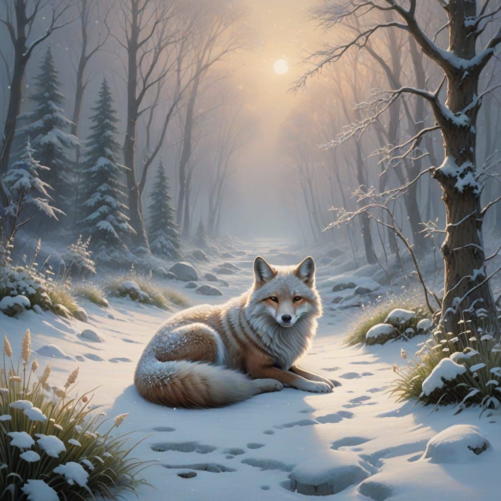 Fluffy snowfox asleep in a snowdrift