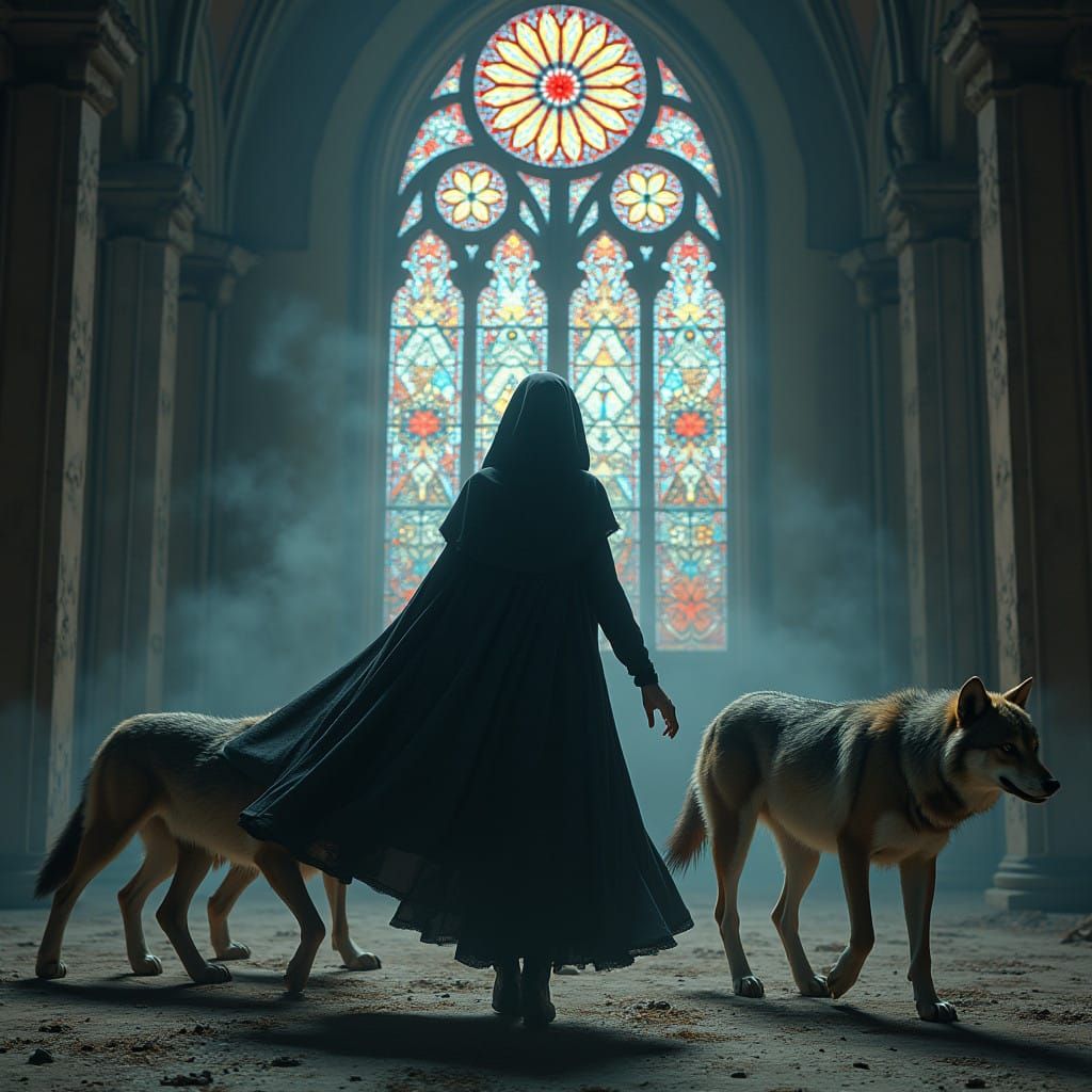 Mysterious Woman Dances with Wolves in Abandoned Church