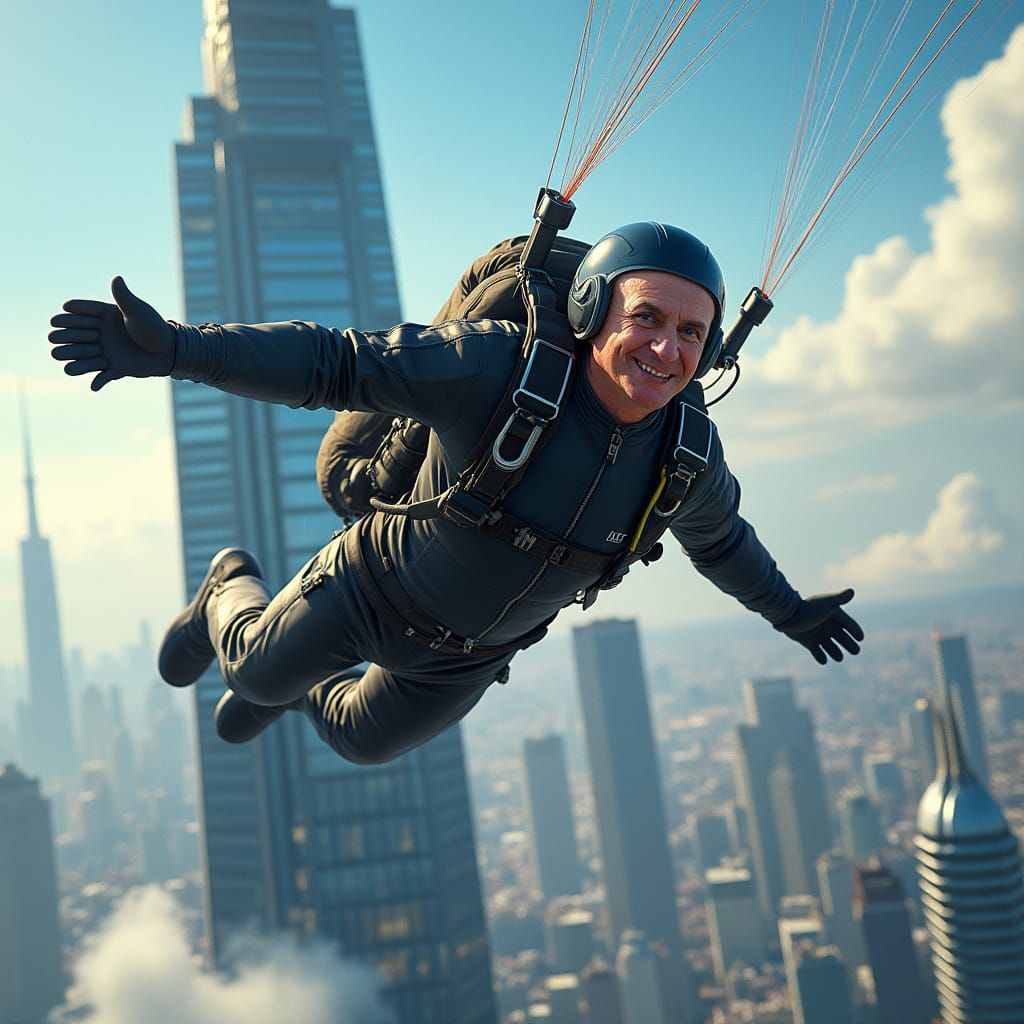 Sleek Businessman Plummets Down Skyscraper in Futuristic Cit...