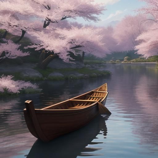 Serene Japanese River Scene with Cherry Blossoms