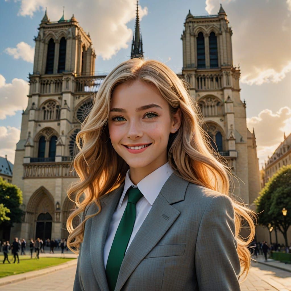 Anime Woman in Grey Suit at Notre Dame