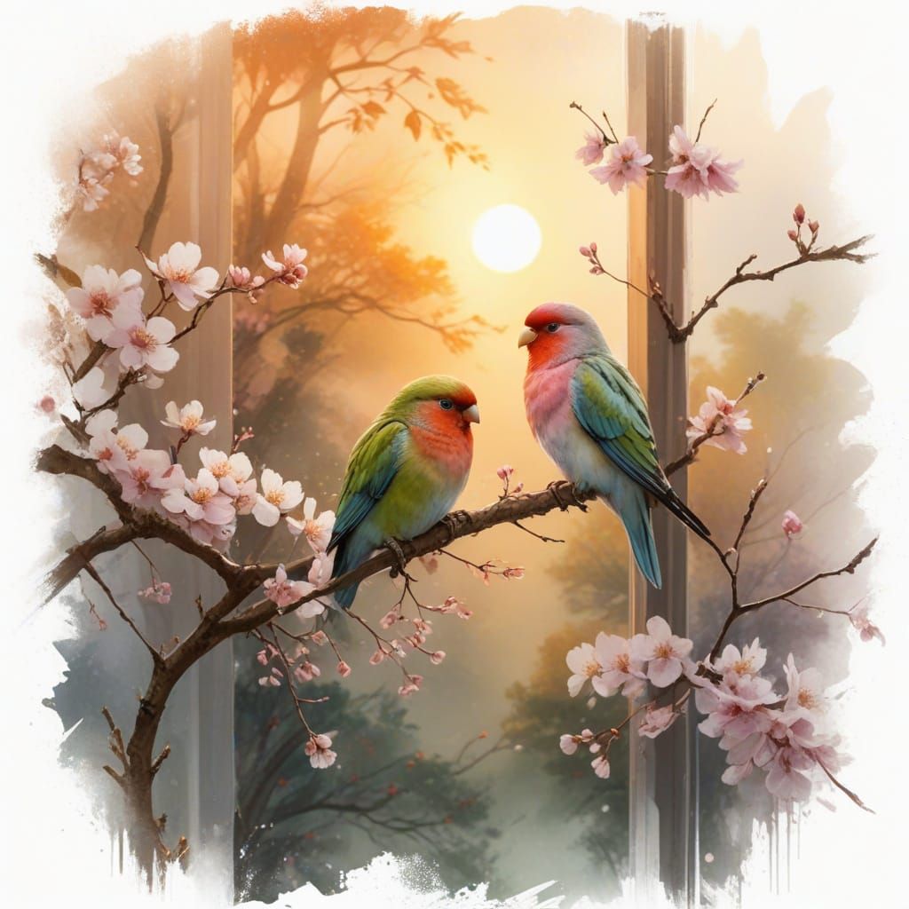 Lovebirds in Rainy Window, Pastel Art
