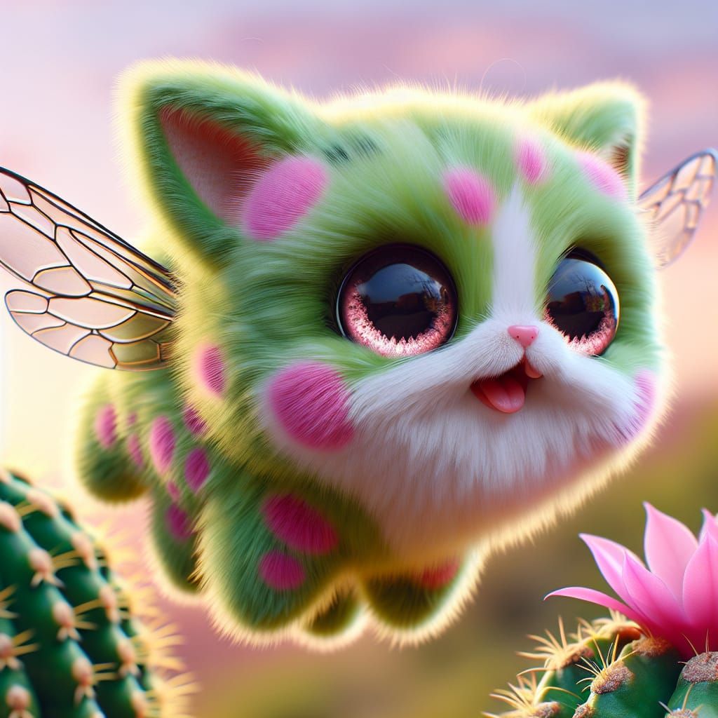 Adorable Bee-Kitten Hybrid Flying Over Cactus Flower