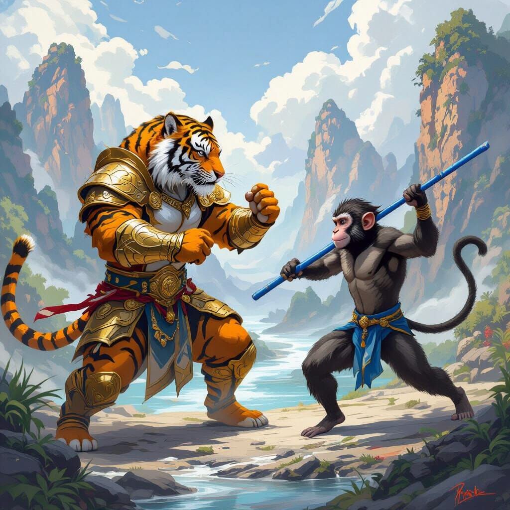 Tiger vs Monkey Battle in a Floating Mountain Landscape