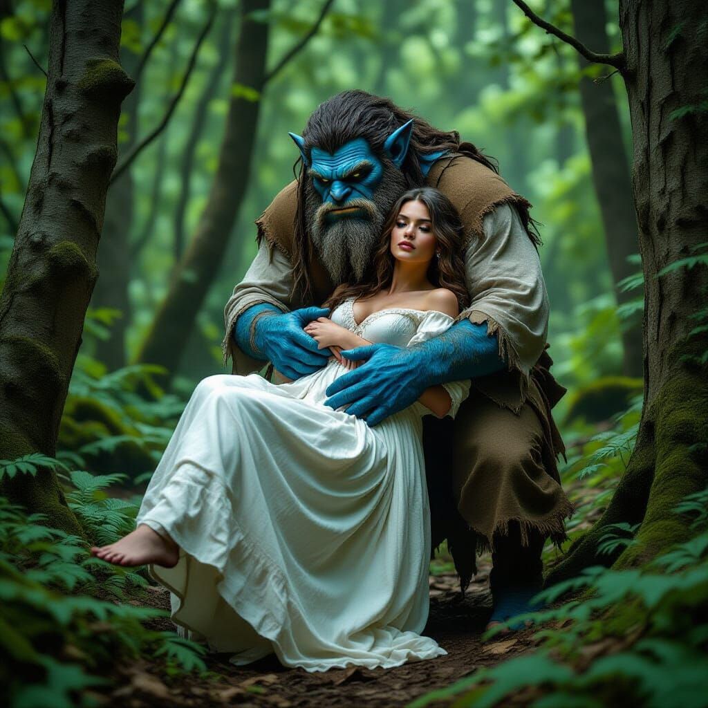 Blue Troll Protects Woman in Eerie Forest Photo