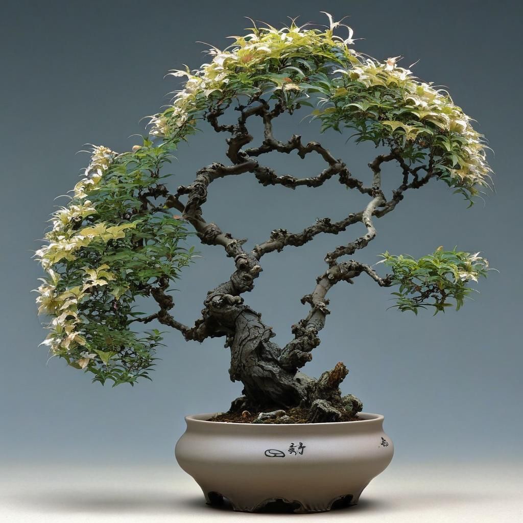 Enchanted Bonsai Tree Illustration in Whimsical Style