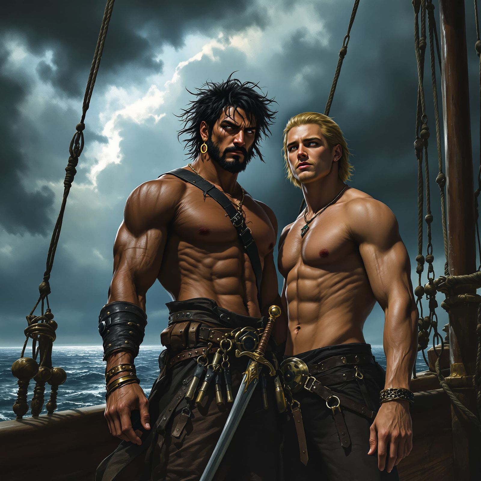 Rugged Pirate Captain Setting Sail on Stormy Seas