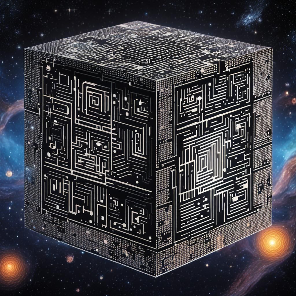 QR Code Cube Soaring Through Cosmic Expanse