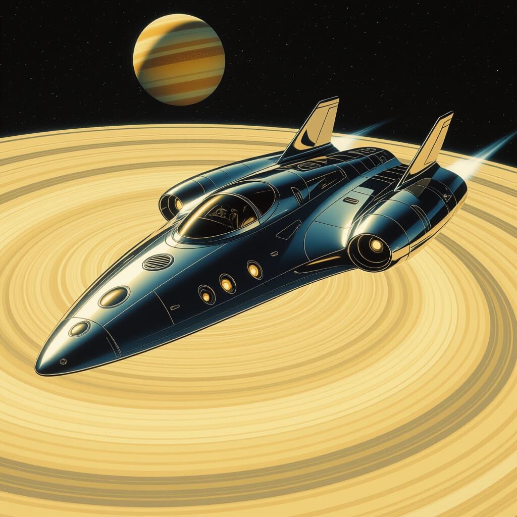 Retro-Futuristic Chrome Spaceship over Saturn's Rings