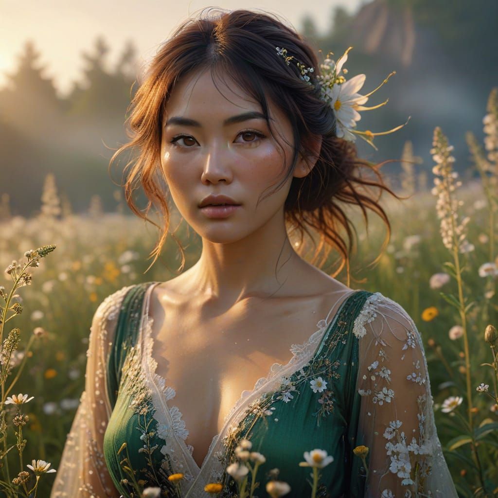 Japanese Woman in Wildflower Field at Dawn