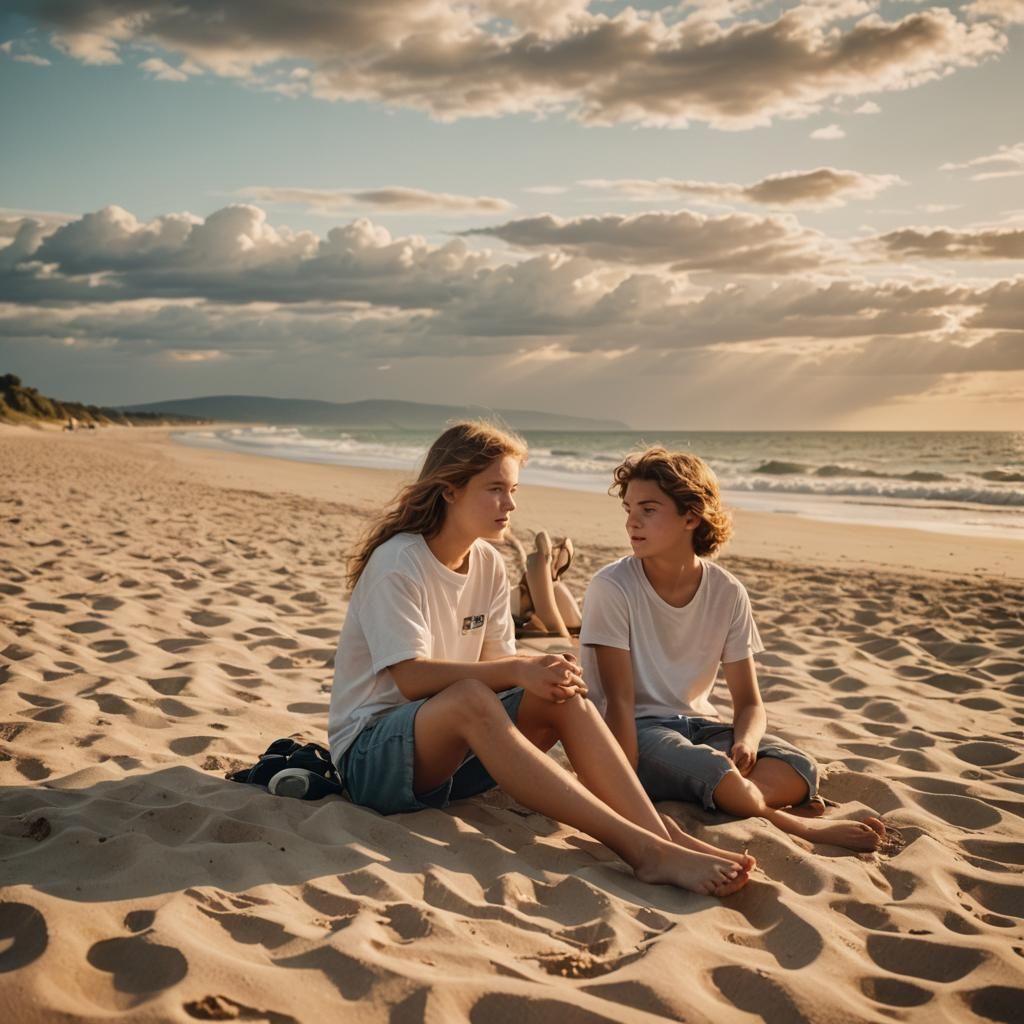 Teenagers Daydreaming on Beach in Cinematic Style