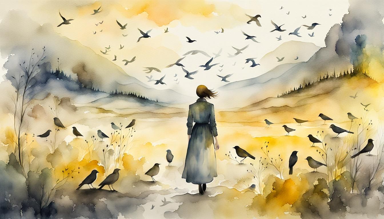 Mystical Watercolor Landscape with Woman and Birds
